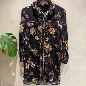 BLACK FLORAL FEMININE BUTTON UP COLLARED SHIRT DRESS - SIZE SMALL